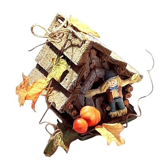 Rustic Fall-Themed Mini Birdhouse With Scarecrow & Leaf Accents For Seasonal Dec - Picture 1 of 7